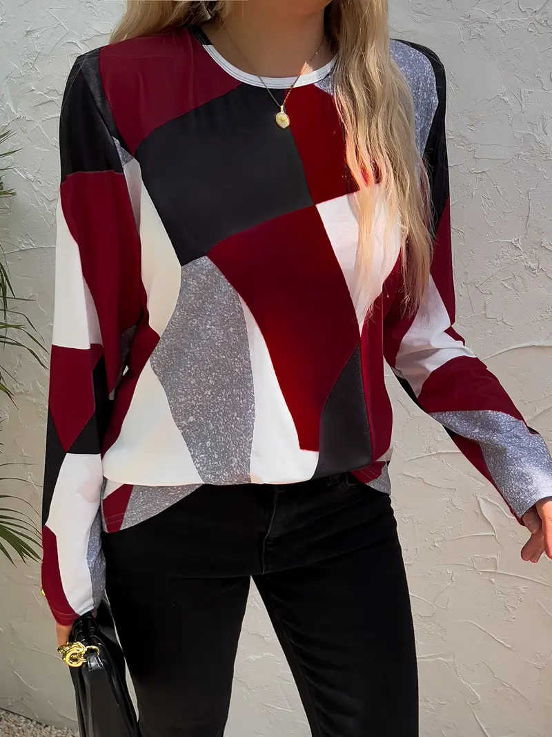 Women Geometric Long Sleeve Tee T-shirt Crew Neck Printing Casual Spring/Fall Graphic Tee Top