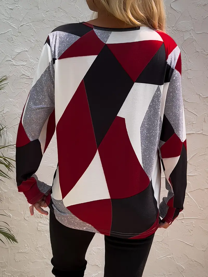 Women Geometric Long Sleeve Tee T-shirt Crew Neck Printing Casual Spring/Fall Graphic Tee Top