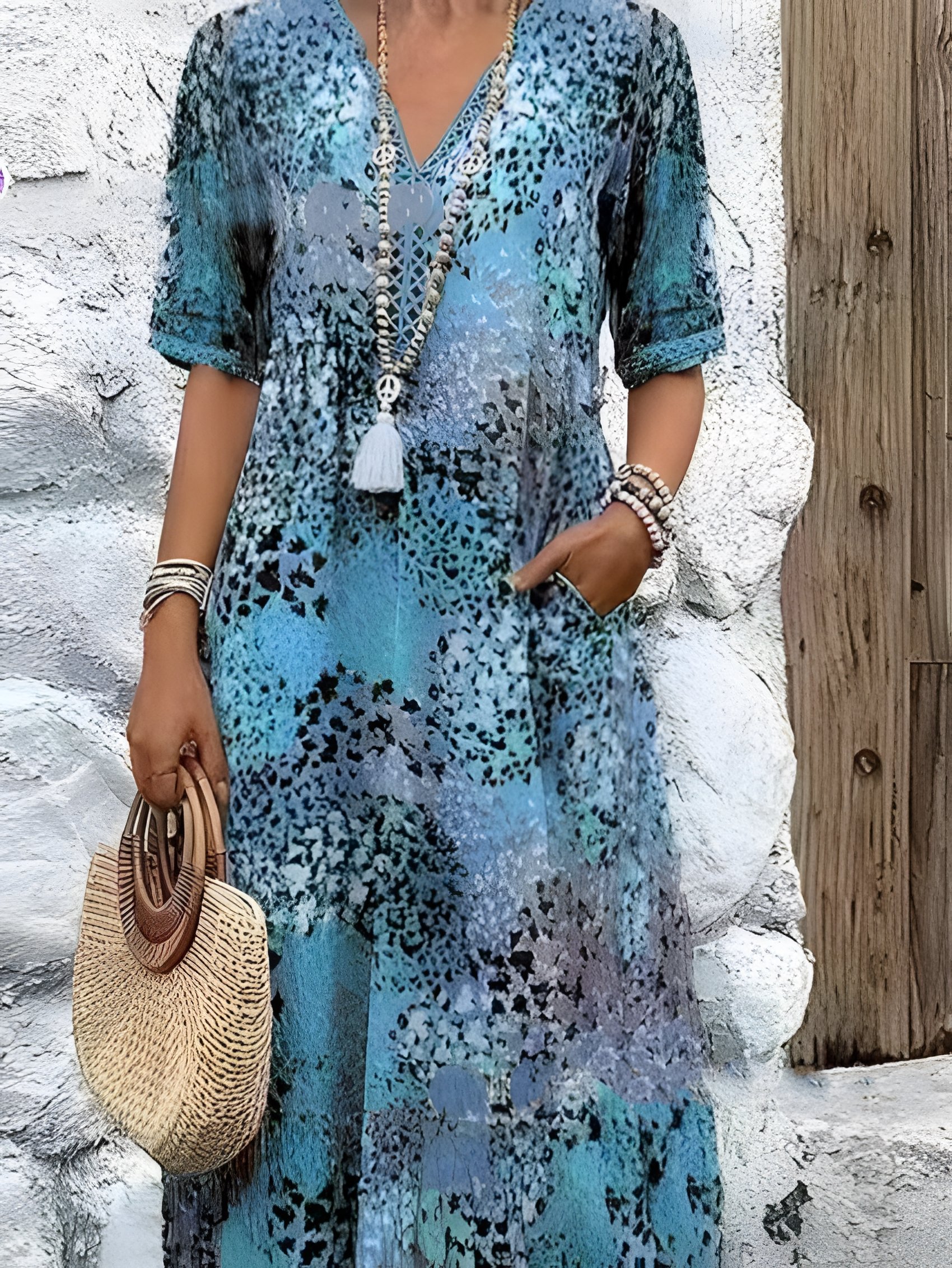 Women Floral Short Sleeve Summer Printing Dress V Neck Daily Vintage Maxi T-Shirt Dress A-Line Dress
