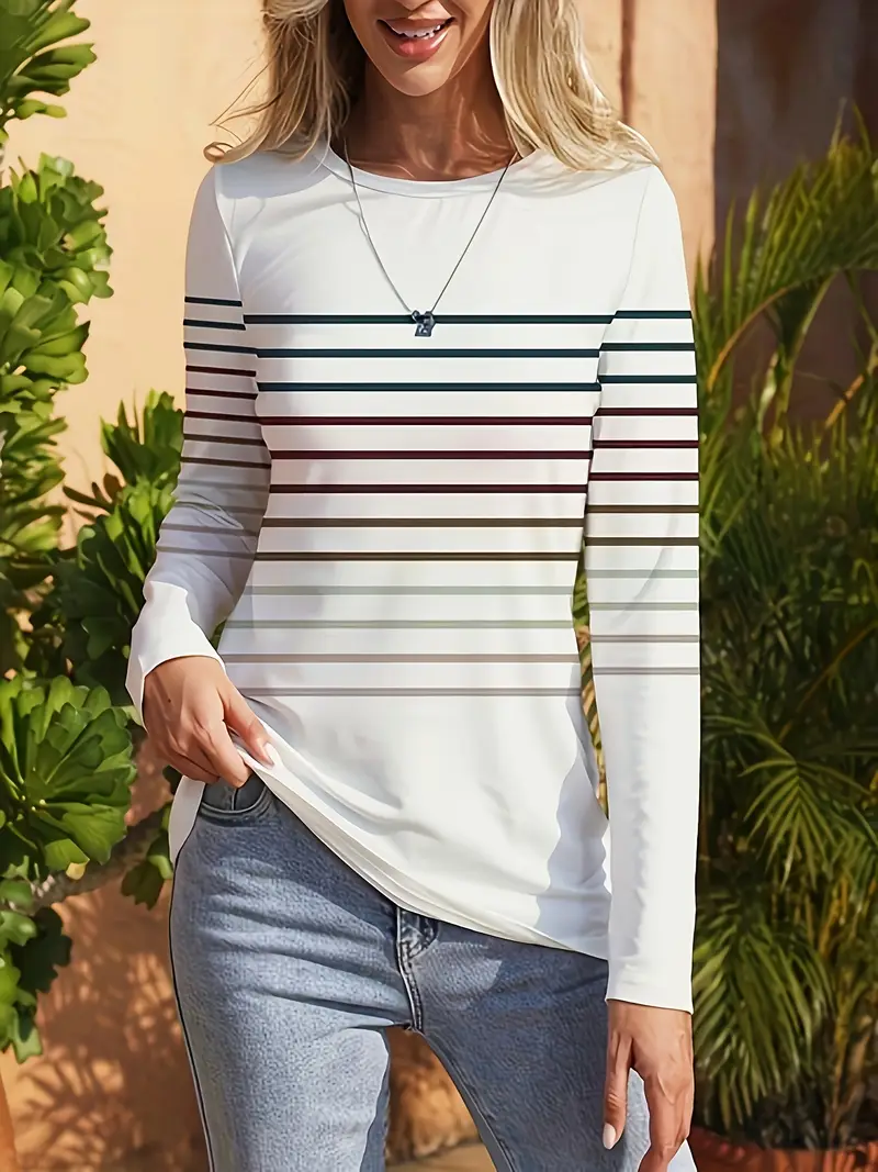 Women Striped Long Sleeve Tee T-shirt Crew Neck Printing Casual Spring/Fall Graphic Tee Top
