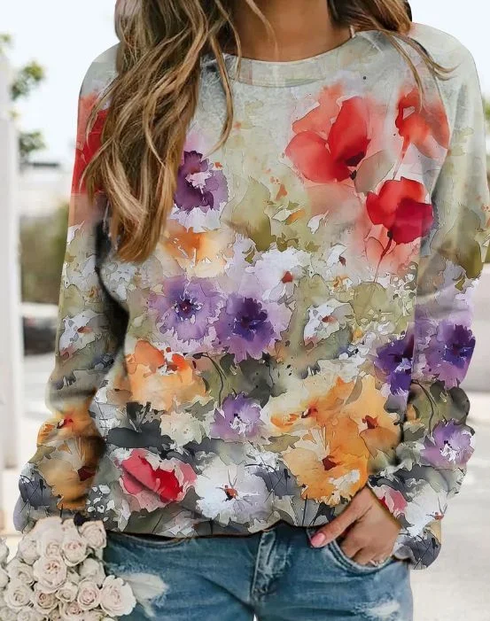 Women Floral Crew Neck Printing Casual Spring/Fall Long Sleeve Sweatshirt
