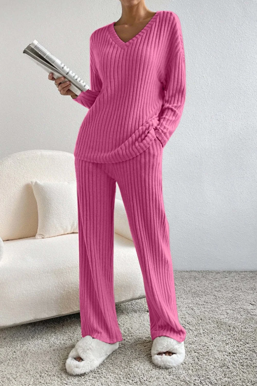 Women Plain Embossed Two-Piece Set Daily Long Sleeve Casual Spring/Fall Top With Pants Matching Set