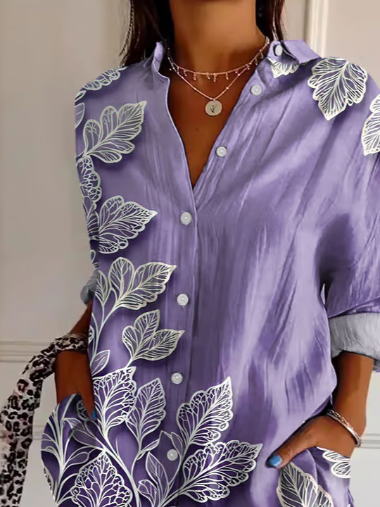 Women Floral Long Sleeve Shirt Spring/Fall Buckle Shirt Collar Regular Sleeve Daily Casual Top