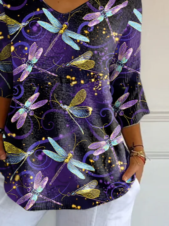 Women Dragonfly Three Quarter Sleeve Tee T-shirt V Neck Printing Casual Spring/Fall Graphic Tee Top