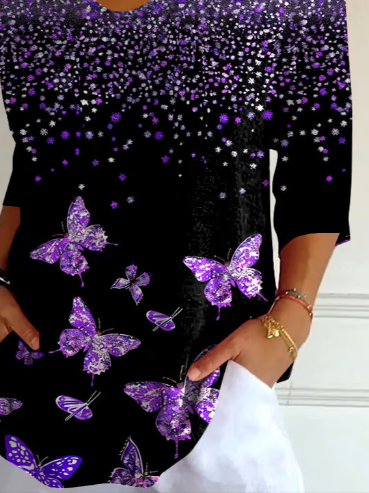 Women Butterfly Three Quarter Sleeve Tee T-shirt V Neck Printing Casual Spring/Fall Graphic Tee Top