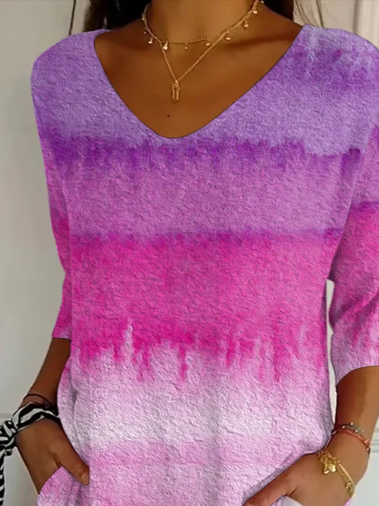 Women Abstract Three Quarter Sleeve Tee T-shirt V Neck Printing Casual Spring/Fall Graphic Tee Top