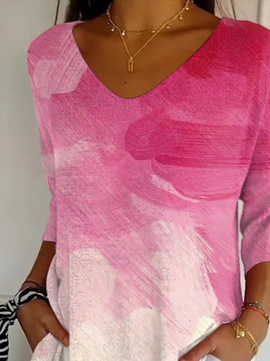 Women Abstract Three Quarter Sleeve Tee T-shirt V Neck Printing Casual Spring/Fall Graphic Tee Top
