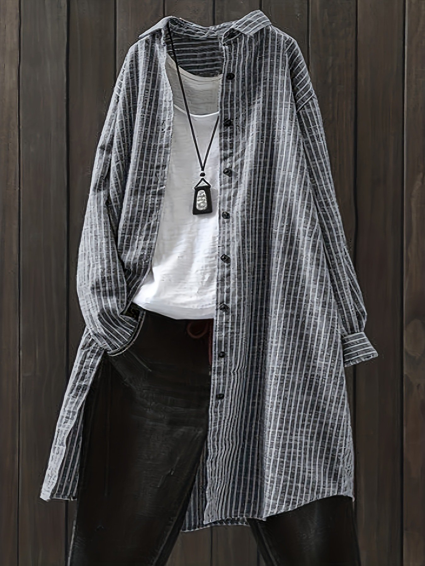 Women Striped Long Sleeve Shirt Spring/Fall Printing Stand Collar Daily Casual Top