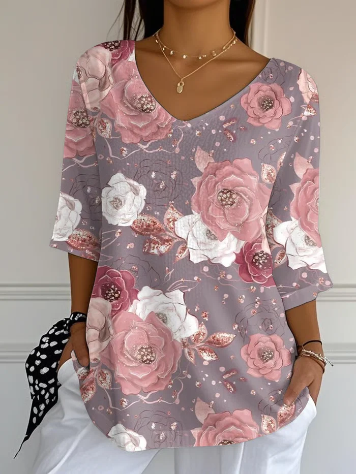 Women Floral Three Quarter Sleeve Tee T-shirt V Neck Printing Casual Spring/Fall Graphic Tee Top