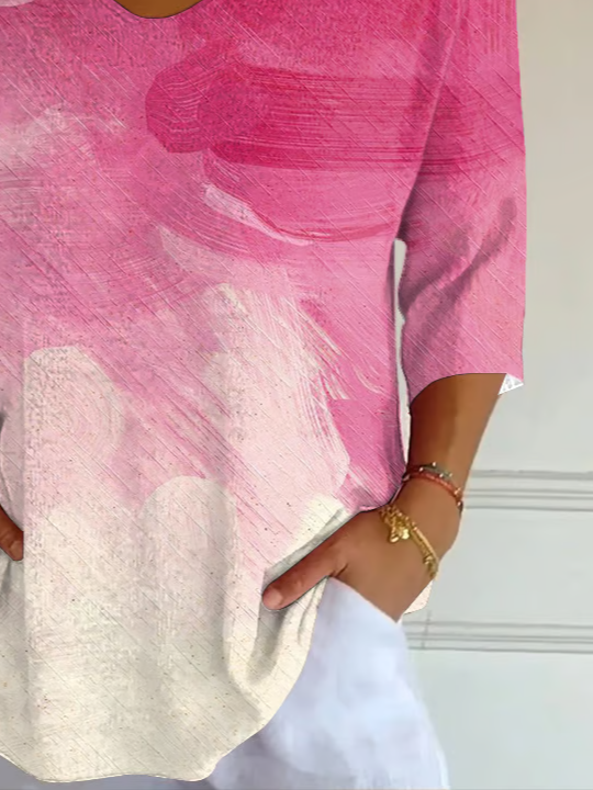 Women Abstract Three Quarter Sleeve Tee T-shirt V Neck Printing Casual Spring/Fall Graphic Tee Top