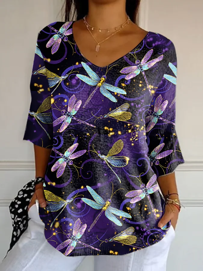 Women Dragonfly Three Quarter Sleeve Tee T-shirt V Neck Printing Casual Spring/Fall Graphic Tee Top