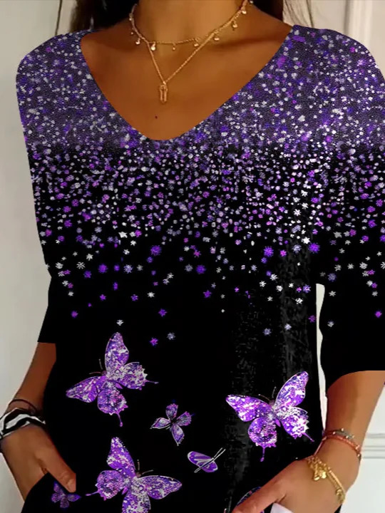 Women Butterfly Three Quarter Sleeve Tee T-shirt V Neck Printing Casual Spring/Fall Graphic Tee Top