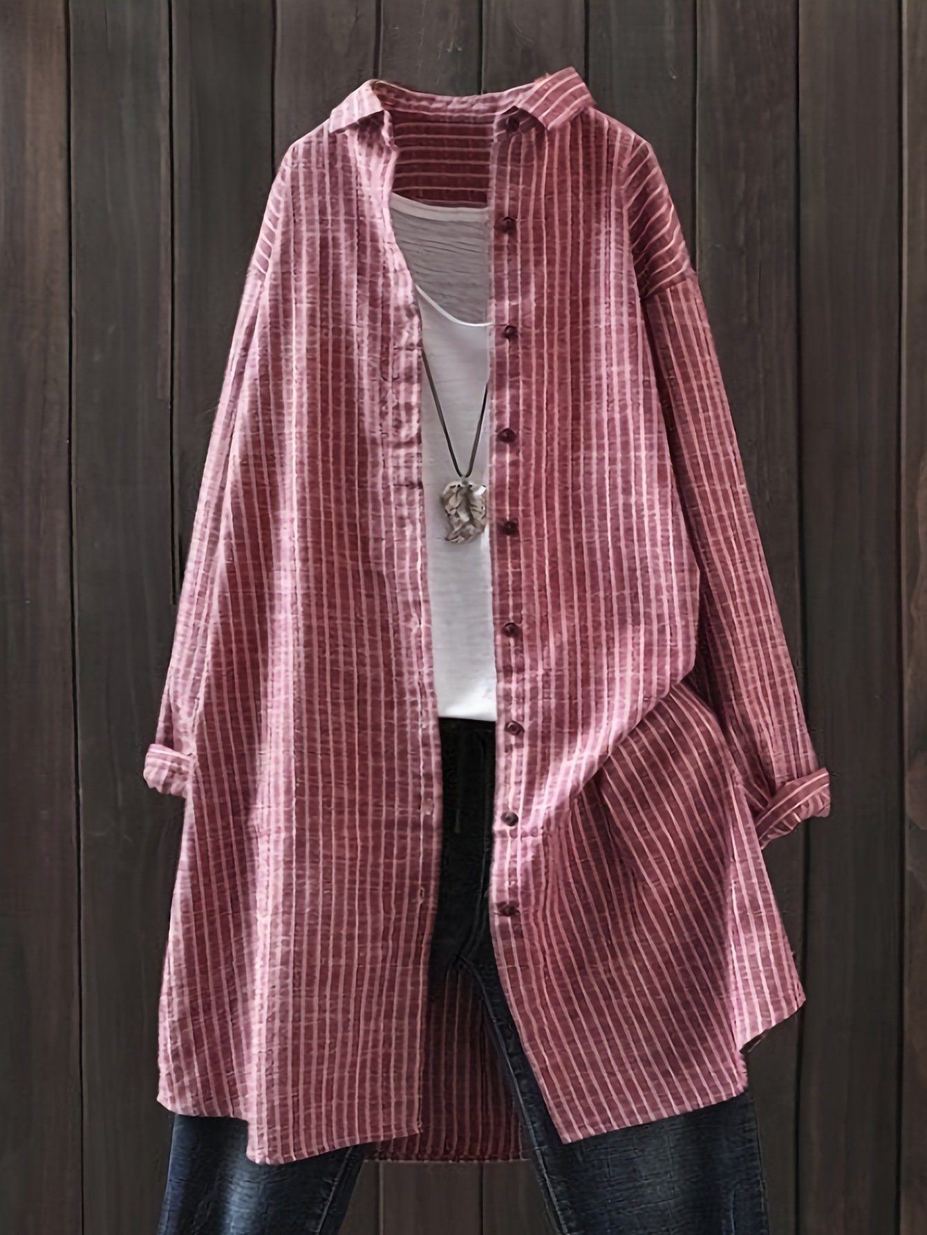 Women Striped Long Sleeve Shirt Spring/Fall Printing Stand Collar Daily Casual Top