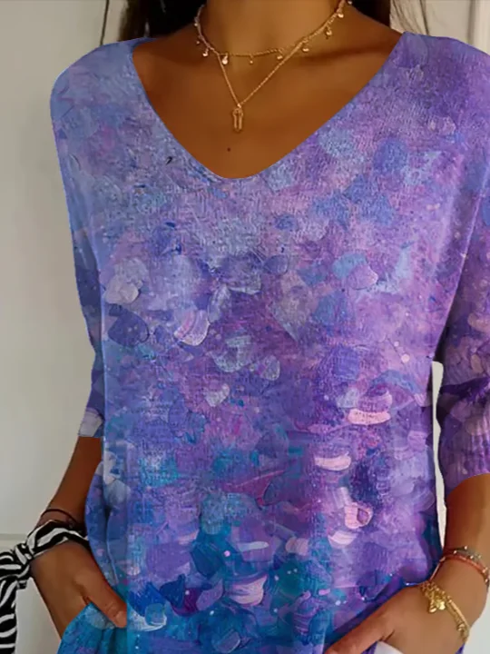 Women Abstract Three Quarter Sleeve Tee T-shirt V Neck Printing Casual Spring/Fall Graphic Tee Top