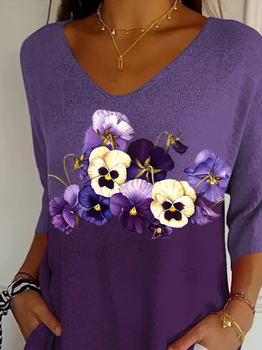 Women Floral Three Quarter Sleeve Tee T-shirt V Neck Printing Casual Spring/Fall Graphic Tee Top