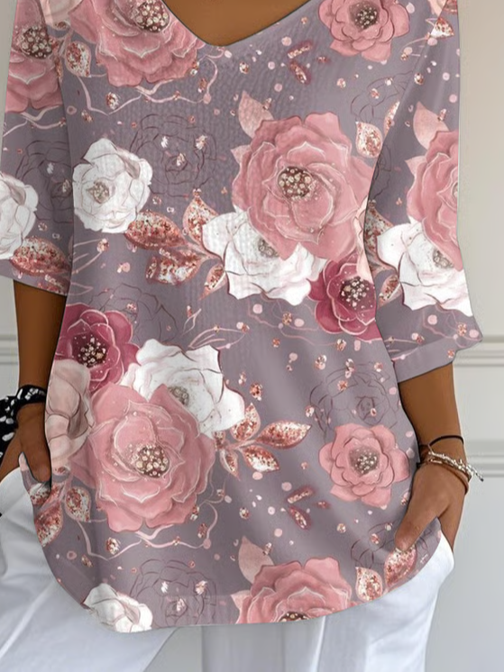 Women Floral Three Quarter Sleeve Tee T-shirt V Neck Printing Casual Spring/Fall Graphic Tee Top