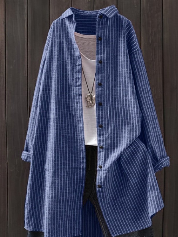 Women Striped Long Sleeve Shirt Spring/Fall Printing Stand Collar Daily Casual Top