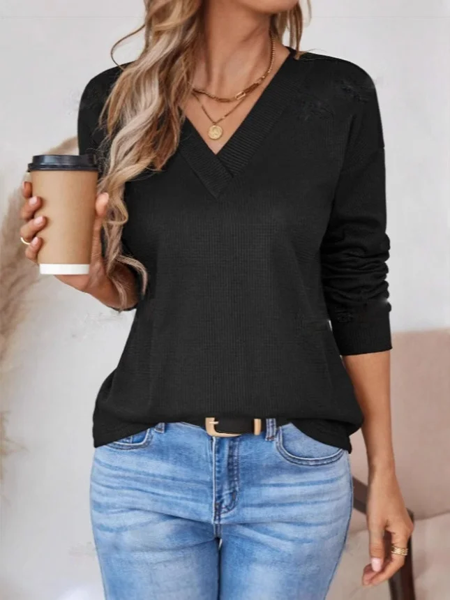 Women Plain Long Sleeve Tee T-shirt V Neck Split Joint Vintage Spring/Fall Top