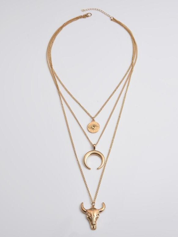 Electroplating Fashion Simple Alloy Bull Head Geometric Disc Eyes Horn Multi-layer Necklace