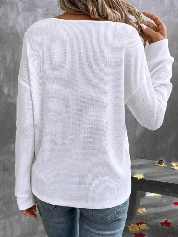Women Plain Long Sleeve Tee T-shirt V Neck Split Joint Vintage Spring/Fall Top