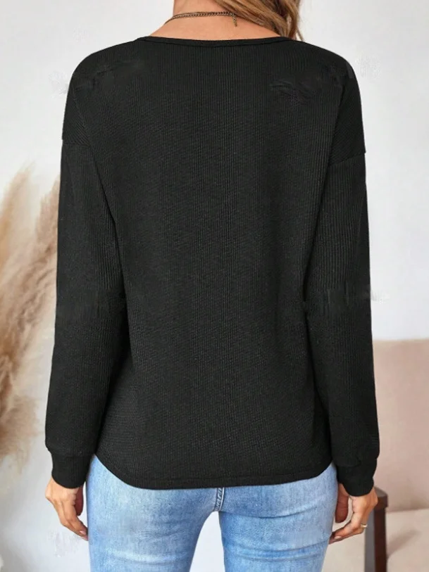Women Plain Long Sleeve Tee T-shirt V Neck Split Joint Vintage Spring/Fall Top