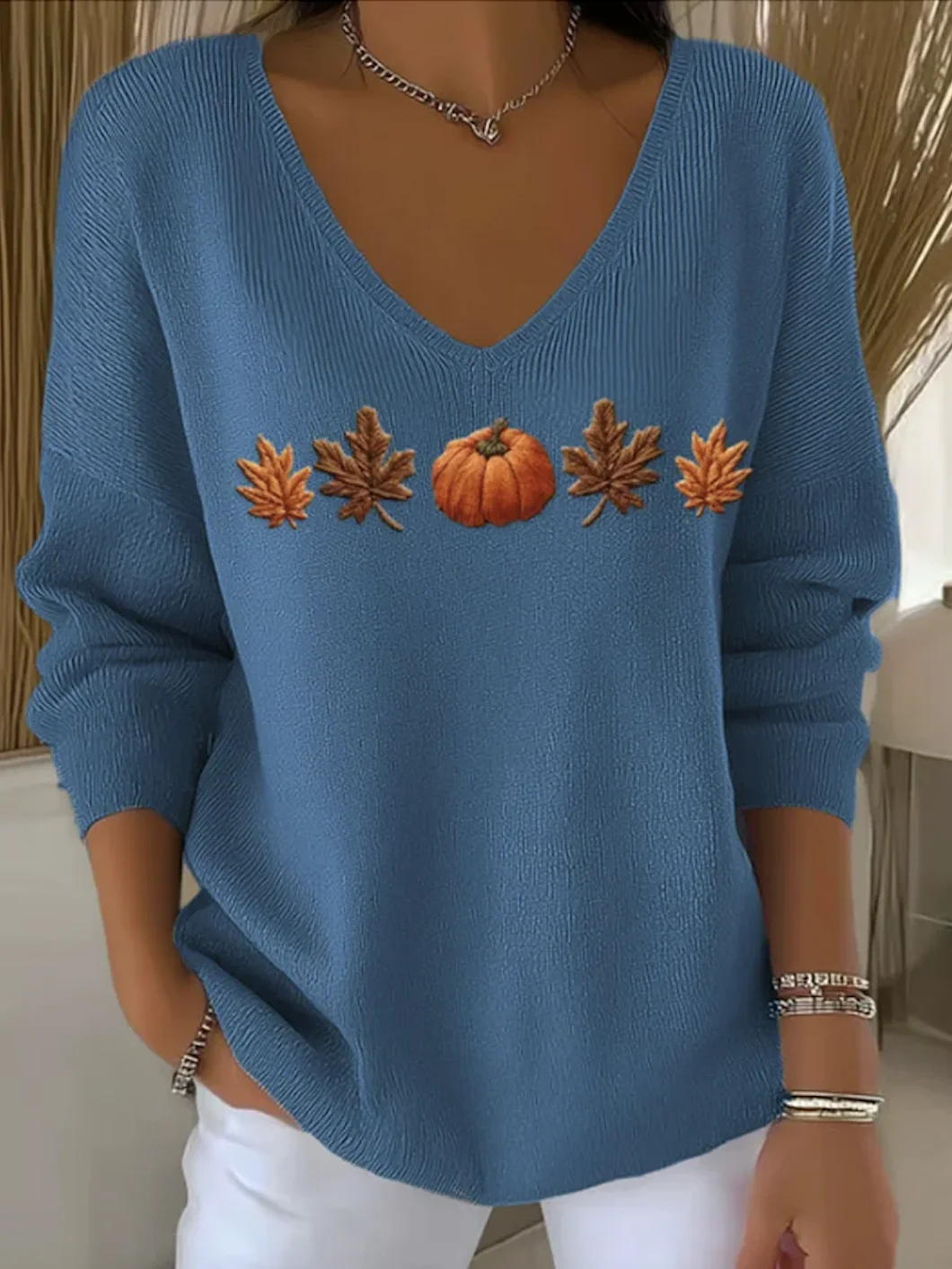 Women Floral Spring/Fall Casual Long Sleeve V Neck Cotton Sweater