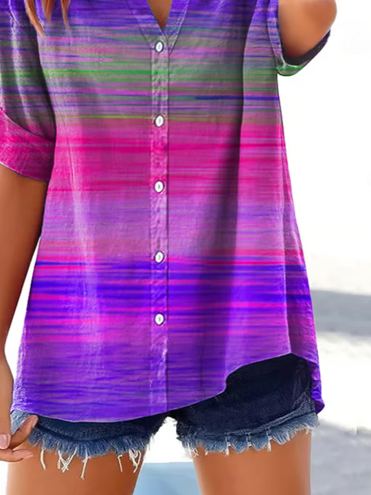 Women Abstract Stripes Short Sleeve Shirt Summer Printing V Neck Daily Casual Top