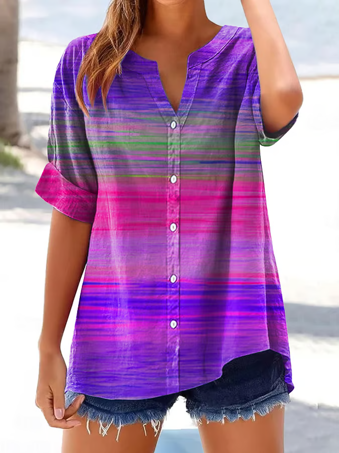 Women Abstract Stripes Short Sleeve Shirt Summer Printing V Neck Daily Casual Top