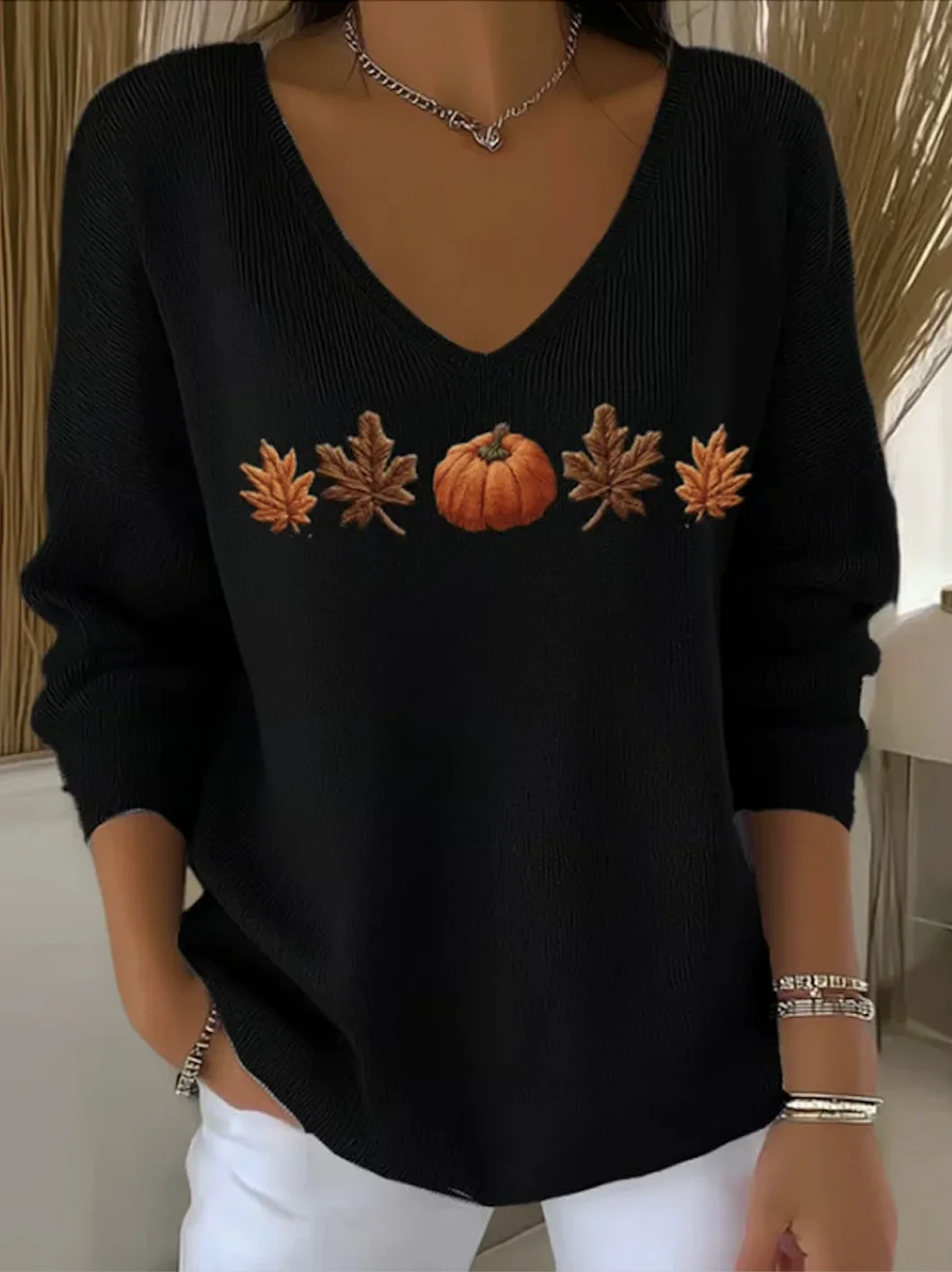 Women Floral Spring/Fall Casual Long Sleeve V Neck Cotton Sweater