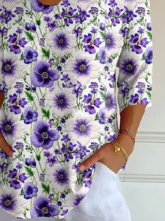 Women Floral Three Quarter Sleeve Tee T-shirt V Neck Printing Casual Spring/Fall Graphic Tee Top