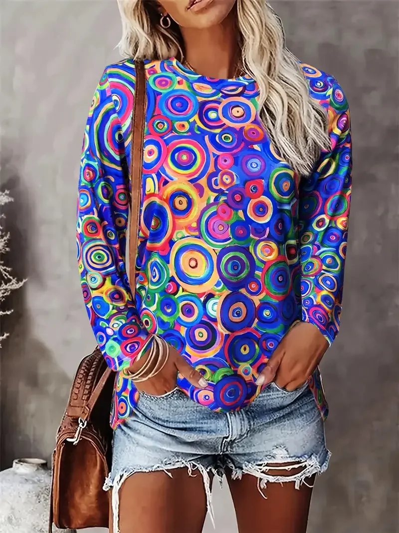 Women Abstract Long Sleeve Tee T-shirt Crew Neck Printing Casual Spring/Fall Graphic Tee Top