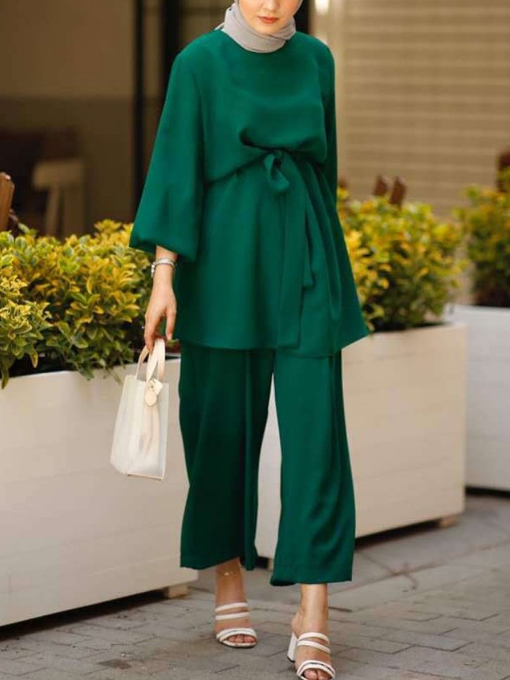 Women Plain Split Joint Two-Piece Set Daily Long Sleeve Casual Spring/Fall Top With Pants Matching Set