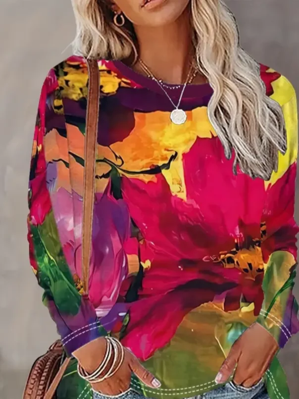 Women Floral Long Sleeve Tee T-shirt Crew Neck Printing Casual Spring/Fall Graphic Tee Top