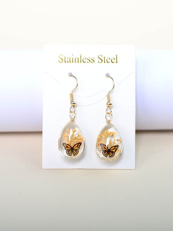 Butterfly Time Gem Dried Flower Gypsophila Lace Flower Pastoral Style Glass Earrings