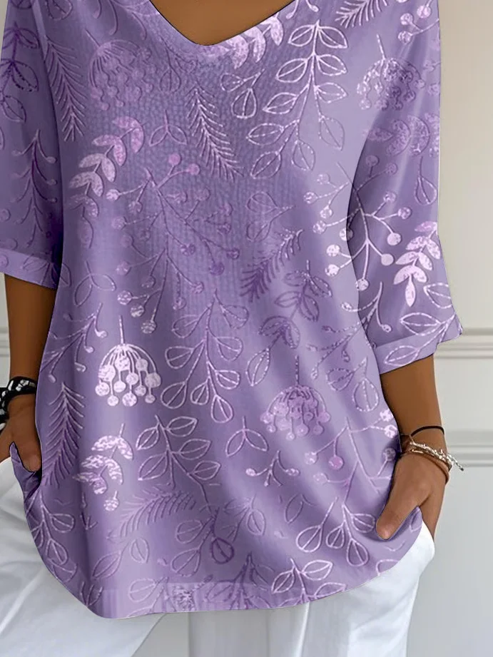 Women Floral Three Quarter Sleeve Tee T-shirt V Neck Printing Casual Spring/Fall Graphic Tee Top