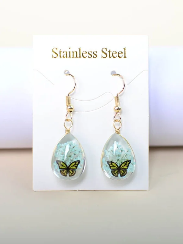 Butterfly Time Gem Dried Flower Gypsophila Lace Flower Pastoral Style Glass Earrings