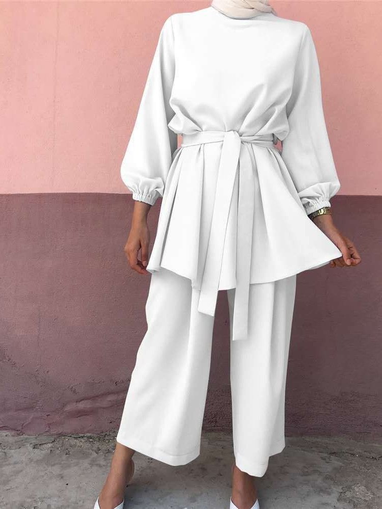 Women Plain Split Joint Two-Piece Set Daily Long Sleeve Casual Spring/Fall Top With Pants Matching Set