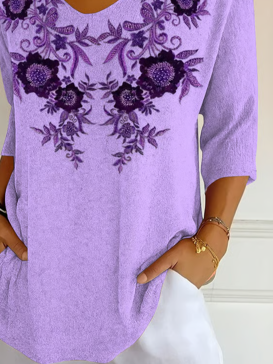 Women Floral Three Quarter Sleeve Tee T-shirt V Neck Printing Casual Spring/Fall Graphic Tee Top