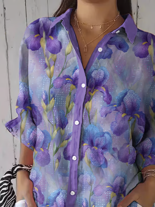 Women Floral Three Quarter Sleeve Shirt Spring/Fall Printing Shirt Collar Daily Casual Top
