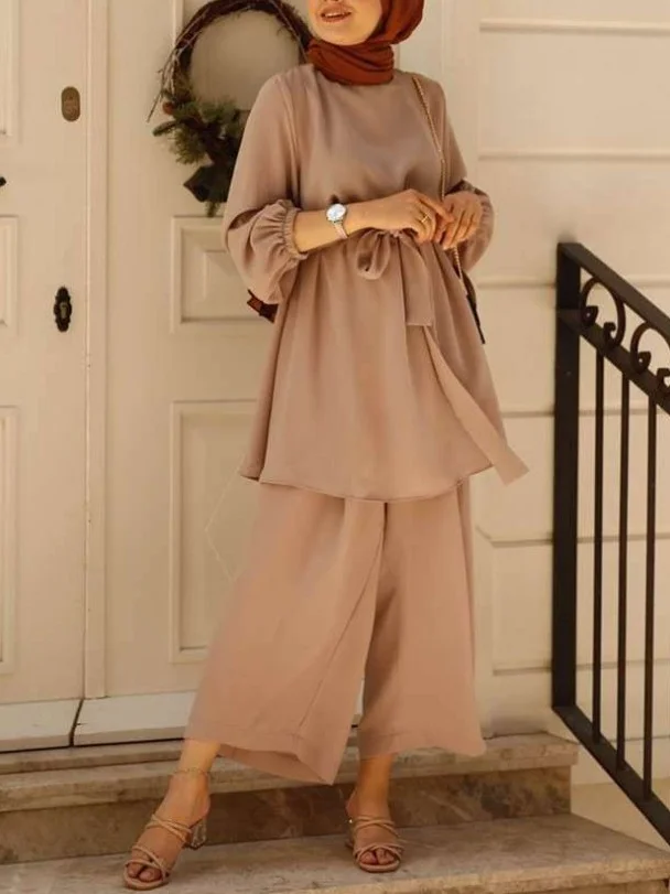 Women Plain Split Joint Two-Piece Set Daily Long Sleeve Casual Spring/Fall Top With Pants Matching Set