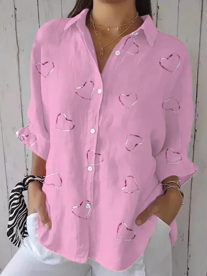 Women Heart/Cordate Three Quarter Sleeve Shirt Spring/Fall Printing Shirt Collar Daily Casual Top