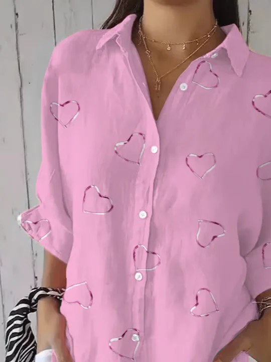 Women Heart/Cordate Three Quarter Sleeve Shirt Spring/Fall Printing Shirt Collar Daily Casual Top