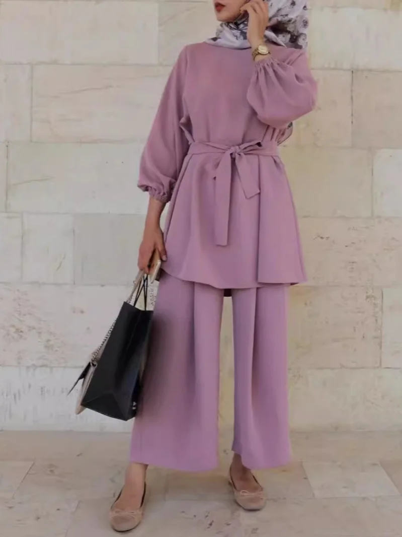 Women Plain Split Joint Two-Piece Set Daily Long Sleeve Casual Spring/Fall Top With Pants Matching Set