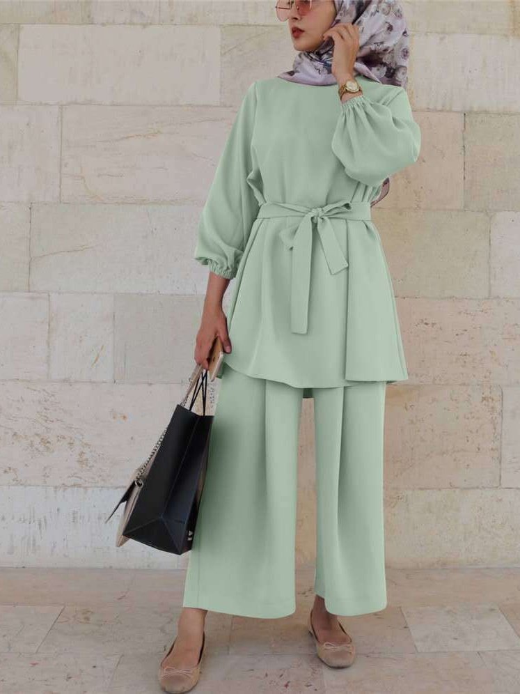 Women Plain Split Joint Two-Piece Set Daily Long Sleeve Casual Spring/Fall Top With Pants Matching Set