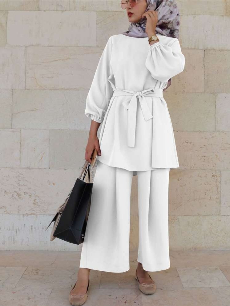 Women Plain Split Joint Two-Piece Set Daily Long Sleeve Casual Spring/Fall Top With Pants Matching Set