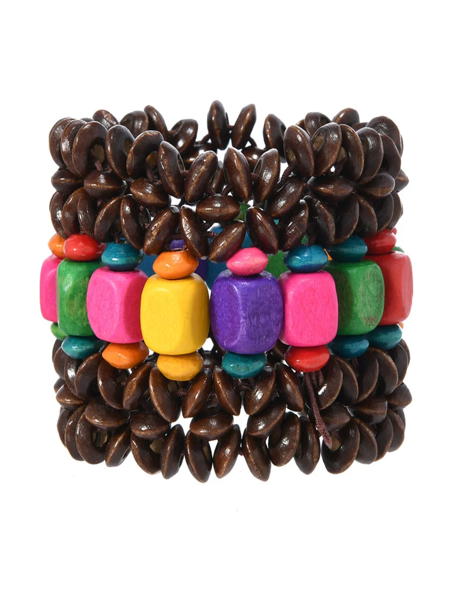 Bohemian Colorful Wooden Bead Bracelets Fashionable And Versatile Handmade Beaded Elastic Wire Wooden Bead Bracelets