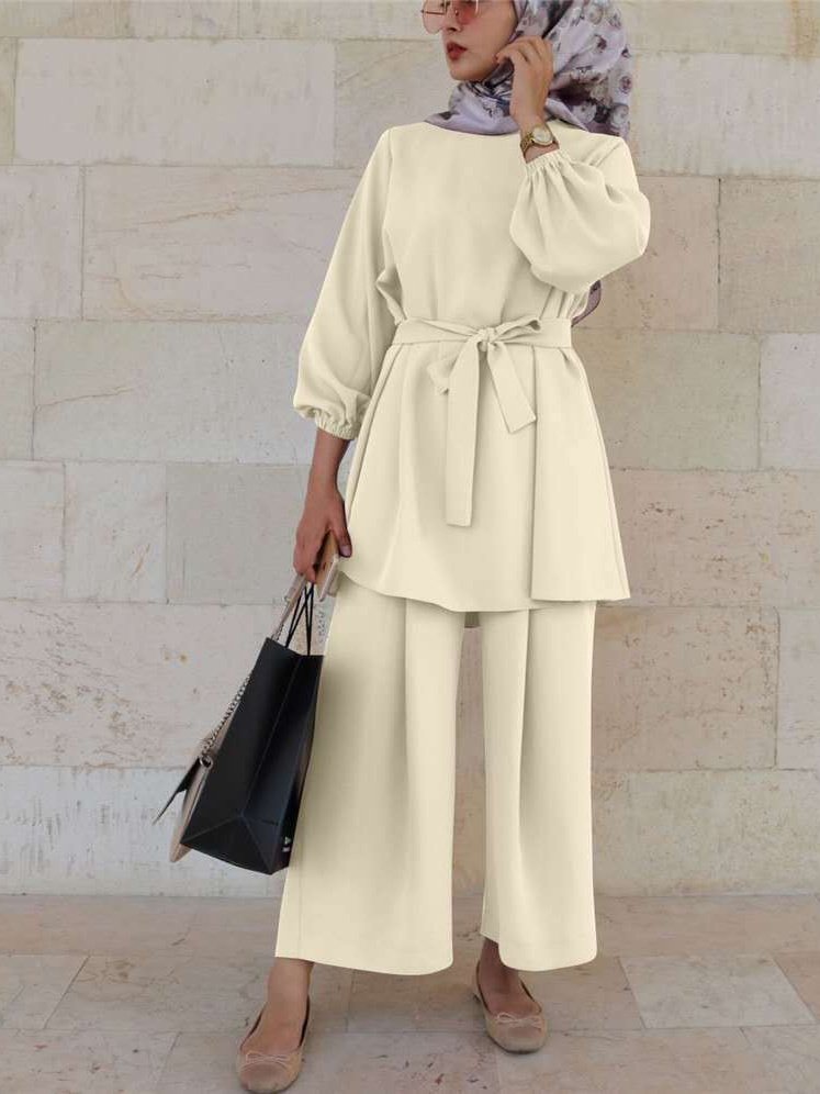 Women Plain Split Joint Two-Piece Set Daily Long Sleeve Casual Spring/Fall Top With Pants Matching Set