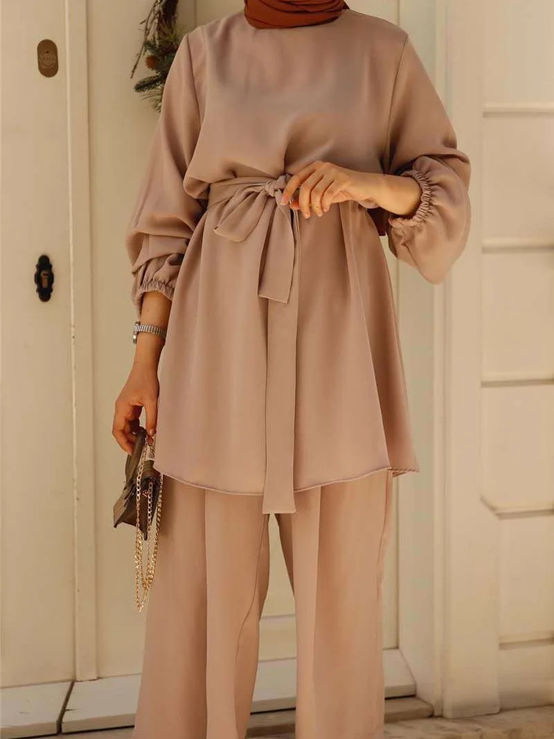 Women Plain Split Joint Two-Piece Set Daily Long Sleeve Casual Spring/Fall Top With Pants Matching Set