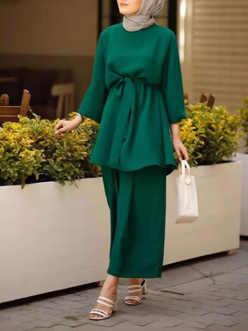 Women Plain Split Joint Two-Piece Set Daily Long Sleeve Casual Spring/Fall Top With Pants Matching Set