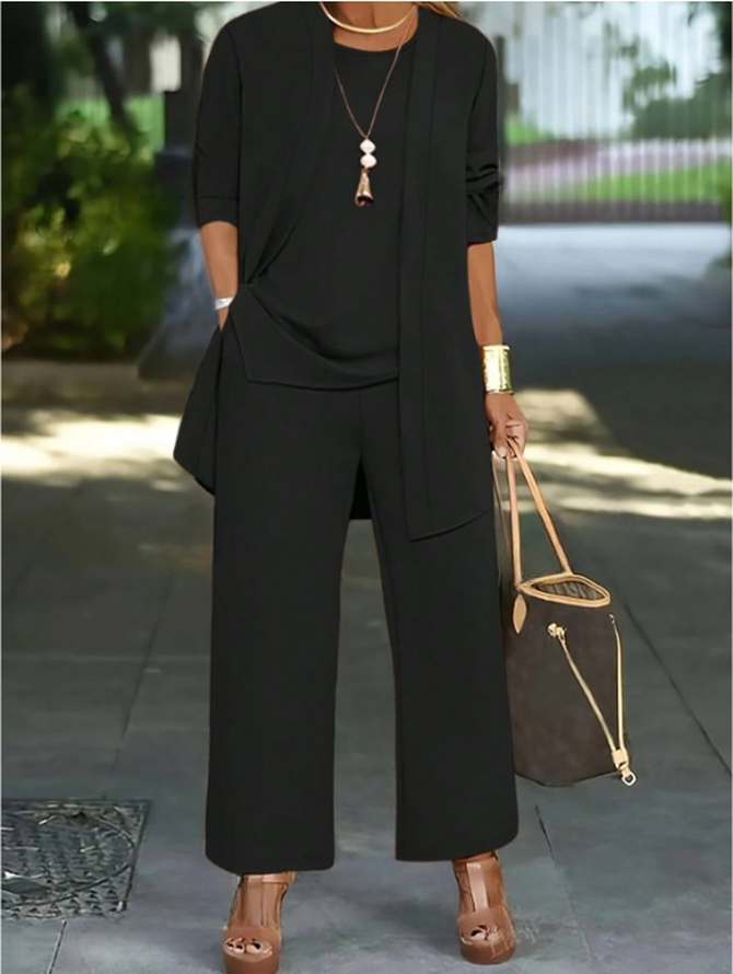 Women Plain Split Joint Matching Outfit Commuting Long Sleeve Casual Spring/Fall Multi-Piece Set Matching Set